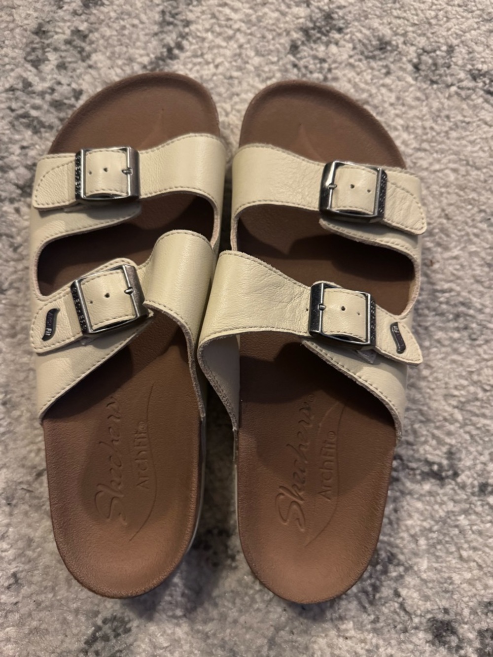 Skechers Arch Fit Double-Buckle Slides in Cream and Tan